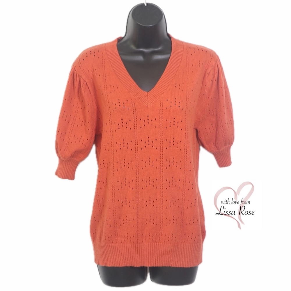 Fall Color Pointelle Soft Puff Sleeved V-neck Sweater